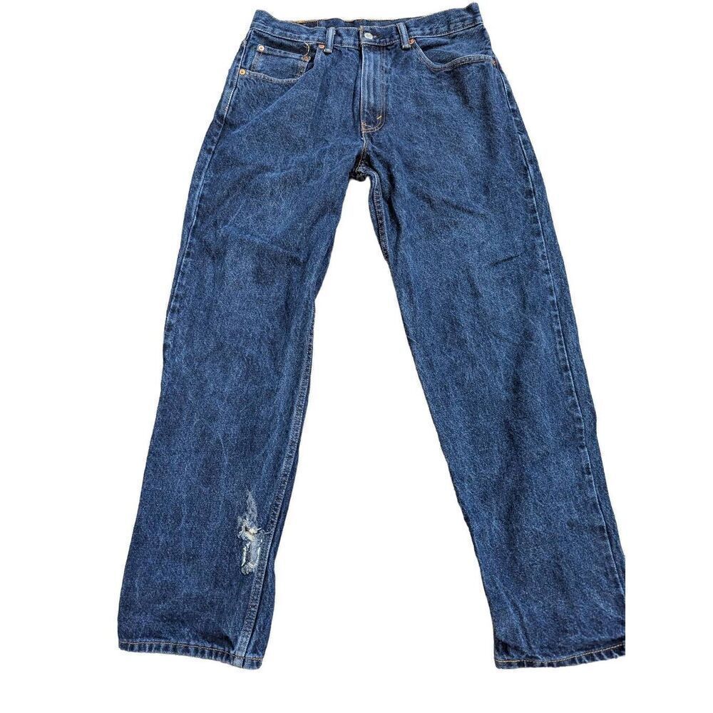 Levi's Men's Blue Dark-Wash Mid-Rise Distressed Leg Denim Jeans Size 34/32